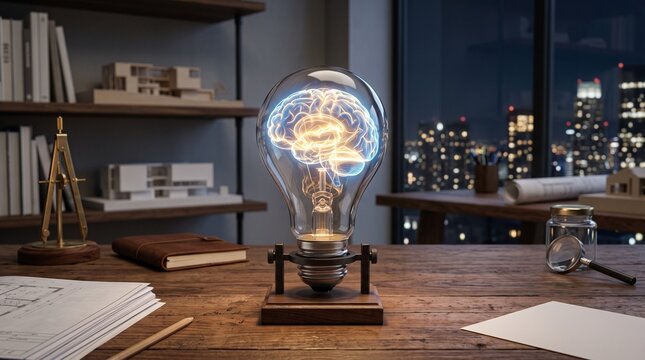 Creative light bulb concept with brain illuminating ideas at night