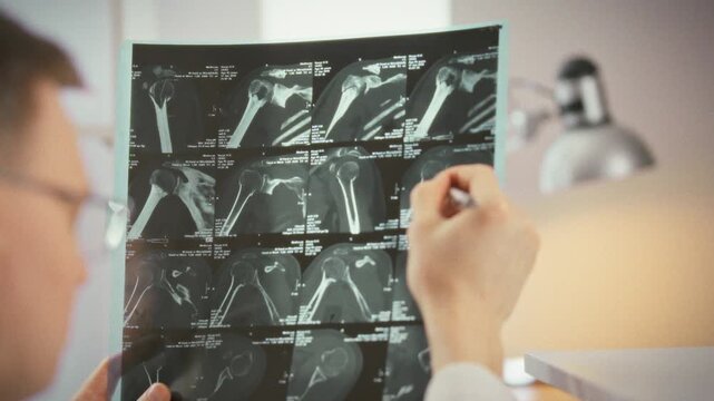 In a well-lit medical office, a doctor carefully reviews MRI scans and X-ray images, pinpointing fracture details to ensure an accurate diagnosis and plan effective treatment using digital tools