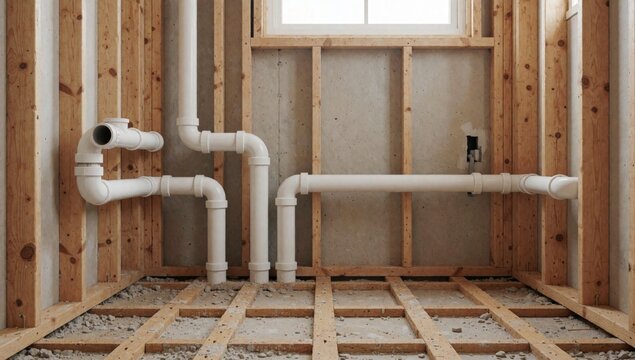 Interior room construction walls made wooden planks floor there white pipes running along wall left side other