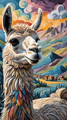 Fototapeta premium Vertical papercut style illustration closeup of a fluffy white llama with a colorful mane against a scenic mountain valley and village background