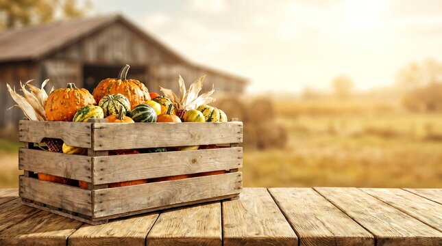 Large wooden crate with pumpkins on farm background