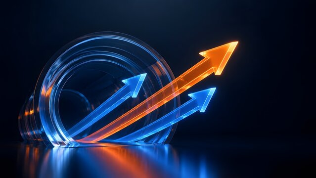 Dynamic abstract image of glowing orange and blue arrows ascending through transparent rings, symbolizing progress, growth, and future success