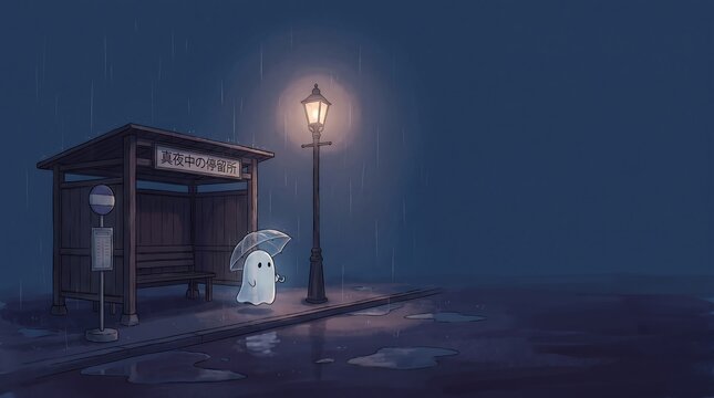 Cute ghost waiting at bus stop in rain
