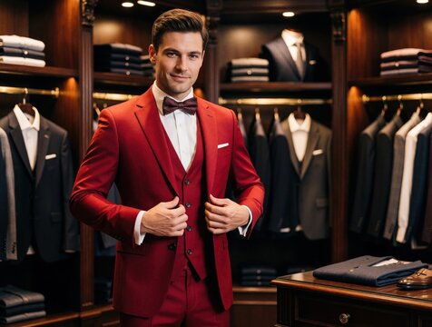 Stylish young man tries on red three piece suit in luxury clothing boutique. Handsome groom prepares for wedding by selecting elegant menswear. Successful businessman shopping for high end formal