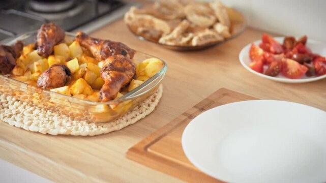 Inside a domestic kitchen, a woman takes a glass baking dish with meat and potatoes out of a hot oven, engaging in home cuisine and culinary cooking preparation processes