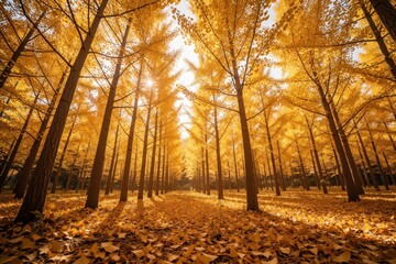 Fototapeta premium Golden ginkgo trees line a path in autumn. Sunlight filters through bright yellow leaves covering the ground. Peaceful forest scene invites serene exploration and nature appreciation.