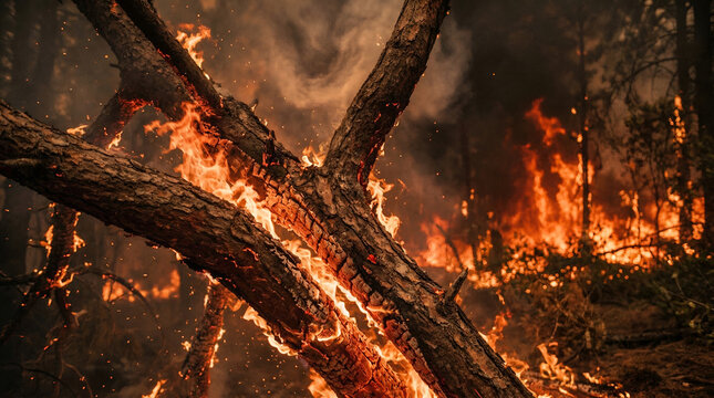 Close Up View of Fire Flames Burning Fallen Pine Tree Logs in Forest