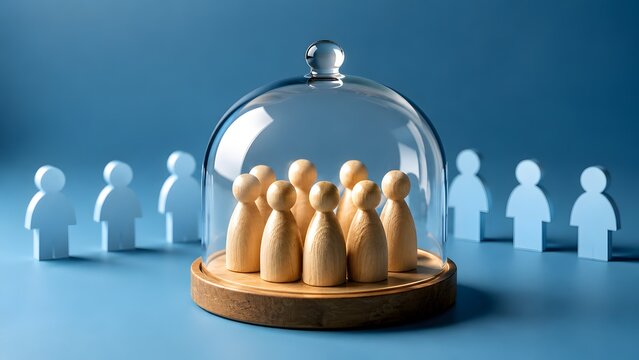 Wooden people figures protected under a glass dome, symbolizing social isolation, privilege, and group exclusion