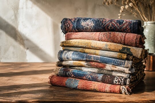 Stack of folded artisan textiles in warm natural colors