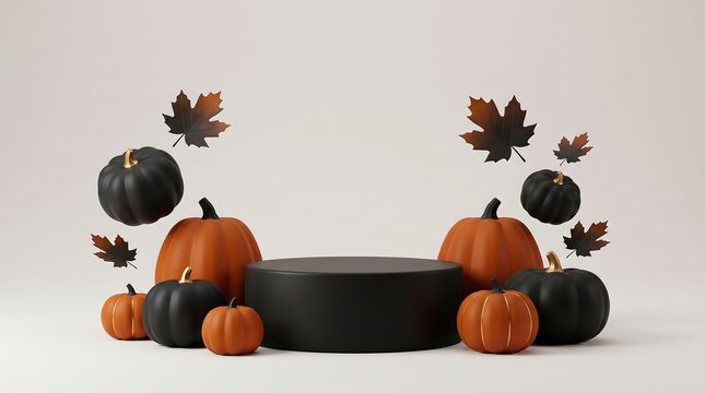 Minimalist black podium with pumpkins for autumn product display