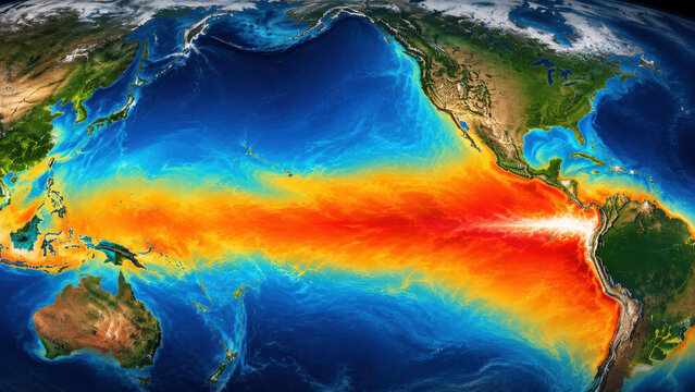 Sea surface temperature map of the Pacific Ocean showing a band of extreme warm water spreading along the equator towards South America