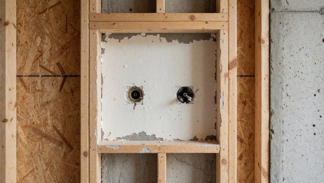 Wooden frame corner room construction made light-colored wood appears process built wall behind covered peelin