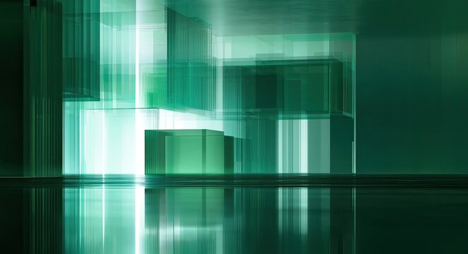 Illuminated glass cubes and rectangular prisms creating a futuristic, abstract architectural space