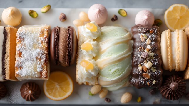 A delicious assortment of sweet desserts, including macarons, cakes, and meringue, arranged artfully on a marble slab