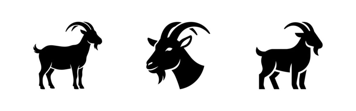 Simple black goat silhouette icons set