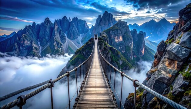 Suspension bridge spanning high mountain peaks over clouds.