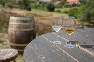 dwa kieliszki z winem - degustacja w winiarni w słoneczny letni dzień © siwyk
