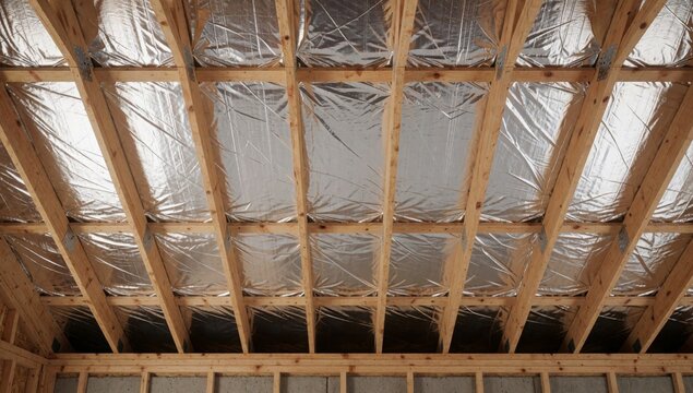 Interior room construction ceiling made wooden beams covered transparent plastic sheet sheets arranged grid-li