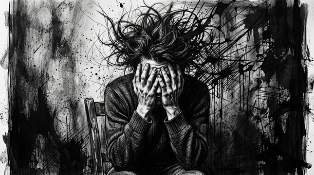 Anxiety person hiding face distressed mental health abstract art, despair silhouette