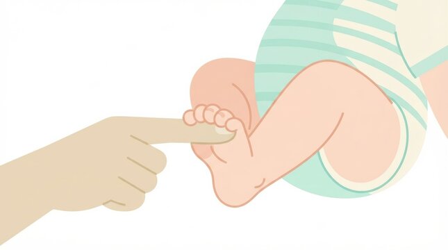 Newborn baby demonstrates plant reflex with foot gripping finger in a playful interaction during the first year of life.