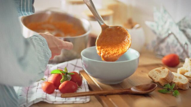 Metal ladle pours hot tomato soup into a bowl on a wooden table with fresh bread and tomatoes beside. Concept of homemade domestic cooking and healthy seasonal autumn nutrition