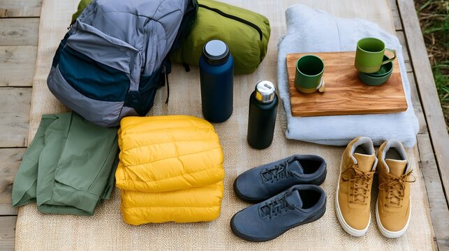Outdoor gear laid out on a woven mat  including backpack  jackets  shoes  water bottles  and mugs on a wooden tray
