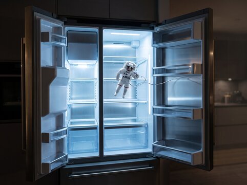 Small astronaut toy figurine floating inside empty home kitchen fridge