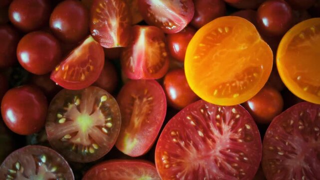 Natural veins, seeds and glistening juice of freshly sliced yellow and red tomatoes visible in close-up top view. Idea of organic fresh produce and natural seasonal vegetables