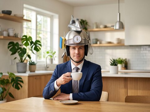 Businessman wearing a bizarre helmet calmly sips coffee.