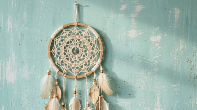 Intricate handmade dreamcatcher featuring white lace and delicate feathers hangs against a weathered light blue rustic wooden wall background texture