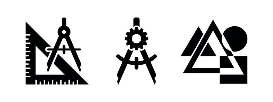 Geometry and design tools icons set, including compass, ruler, and abstract geometric shapes