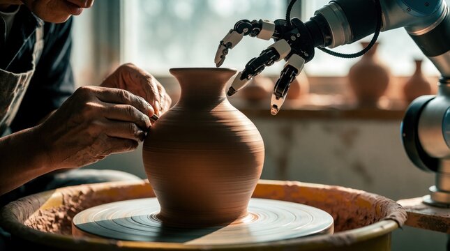 Artist and robot arm collaborate shaping clay vase on pottery wheel. Human hand guides tool, mechanical fingers adjust form. Craft meets tech in studio.