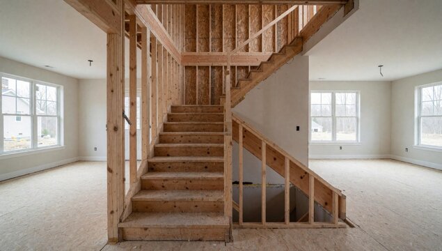 Empty room construction has wooden staircase railing right side handrail left stairs made planks appear proces