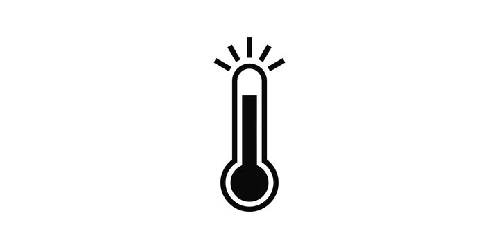 Hot temperature thermometer icon with heat rays showing high degree.