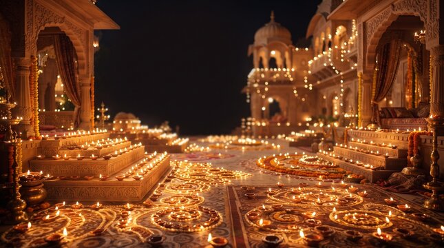 Panoramic View of Ancient Palace Courtyard Lined with Glowing Diyas for Diwali Festival