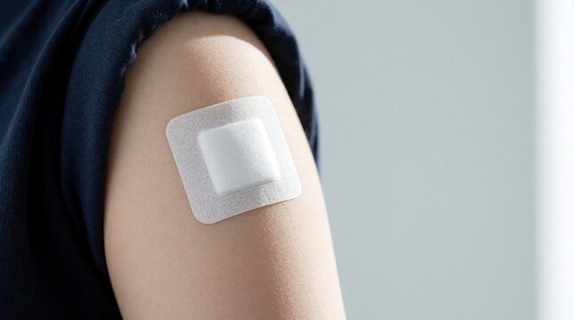 Arm displays white square plaster after injection. Medical bandage covers vaccination site on skin. Healthcare procedure, recovery, and protection concept.