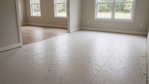 Empty room large windows right side walls painted light beige color floor made light-colored tiles appears fur