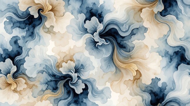 Abstract digital watercolor background with flowing tie-dye patterns. Soft Morandi palette features blue, beige, cream tones. Intricate wavy motifs merge like water in seamless organic design.