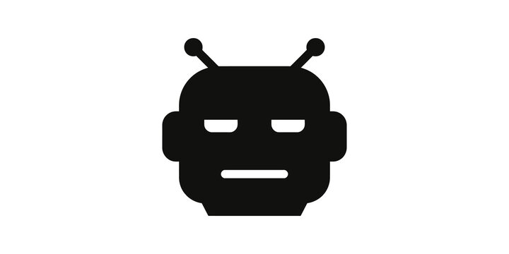 Robot head chatbot icon with antenna and minimalist mechanical face.