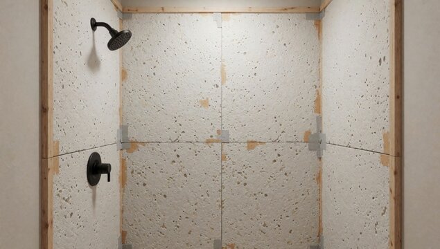 Corner bathroom shower walls covered white tiles small speckles different sizes colors arranged grid-like patt