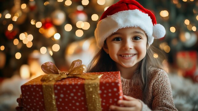 Happy little girl in Santa hat holding a Christmas present in front of a decorated Christmas tree.
