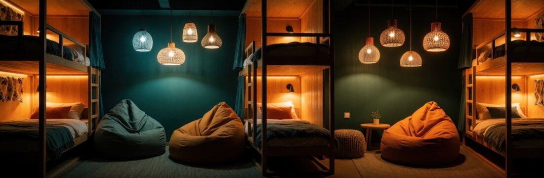 Modern hostel room with bunk beds and warm ambient lighting offers cozy comfort. Beanbag chairs add a relaxed vibe, perfect for travelers seeking budget-friendly lodging.