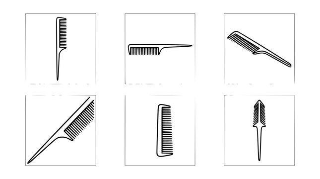 Black and White Line Art Icons of Different Combs and Hair Styling Tools, Beauty and Haircare