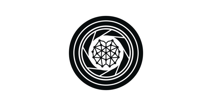 Camera shutter aperture icon enclosing network connection brain graphics.