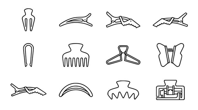 Haircare and Beauty Accessories Line Art Icons Set. Collection of various hair clips, barrettes, and pins in black and white outline style for fashion and styling.