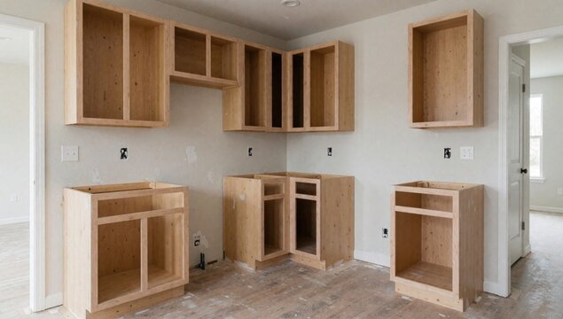 Room construction wooden cabinets shelves walls painted light beige color floor made light-colored wood planks