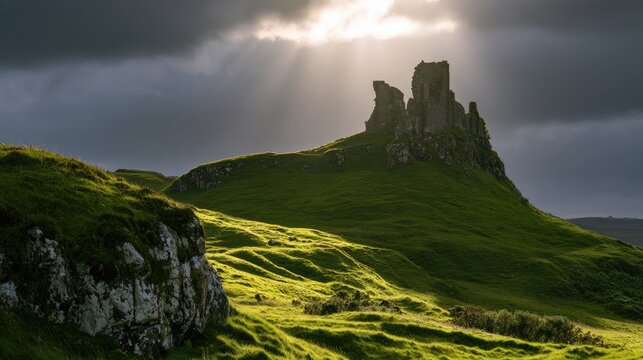 Dramatic sunbeams pierce stormy skies over a green, rocky hilltop castle ruin