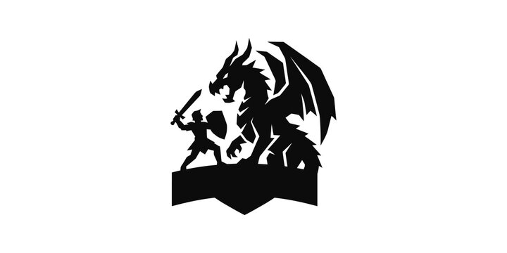 Dragon slayer knight silhouette for fantasy adventure game branding.