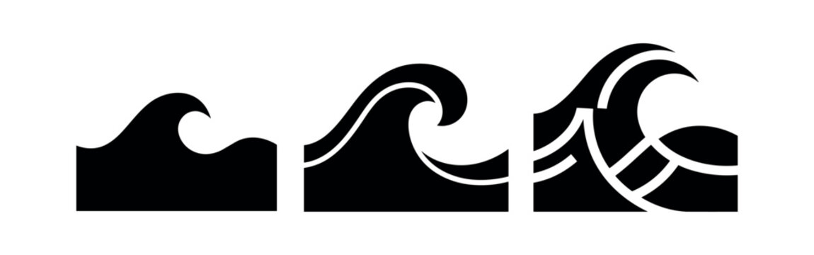 Stylized ocean wave icon set. From simple crests to dynamic marine water elements.