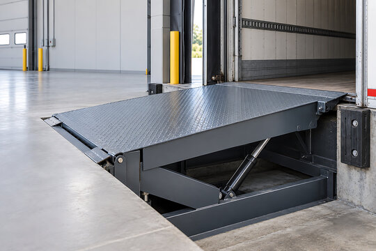 Industrial warehouse loading dock with metal leveller plate and concrete floor warehouse logistics dock leveler industrial facility shipping dock warehouse equipment metal ramp freight logistic